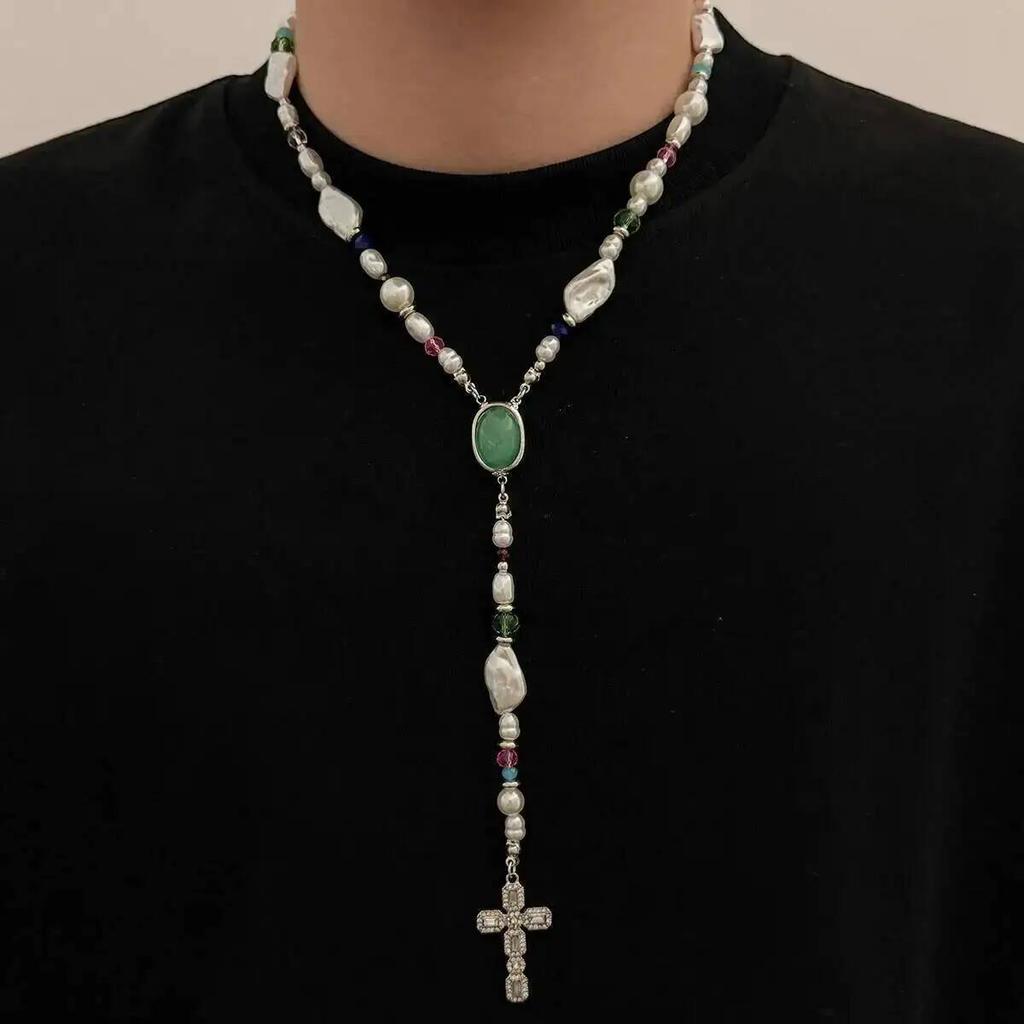 SHIXIN Hiphop Punk Jesus Cross Pendant Necklace for Men Simple Inlay Acrylic Crystal Y Shape Clavicle Chain Party Jewelry Gifts