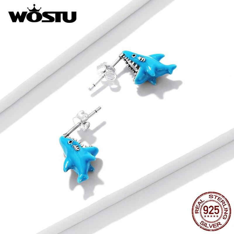 WOSTU 925 Sterling Silver Funny Blue Animal Shark Stud Earrings For Women Fashion Jewelry Gift