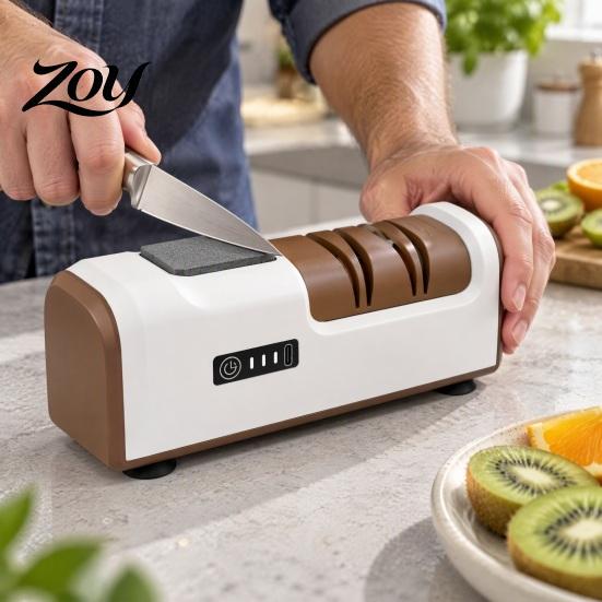 Professional Chef Knife Tool Electric Sharpener, USB Rechargeable Automatic Cutter Sharpener with 4 Non Slip Base Grinding Slots, Grinder for Kitchen