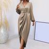 Women Dress Irregular Slit Hem High Waist Pleated Long Puff Sleeves Solid Color V Neck Formal Party Banquet Maxi Dress