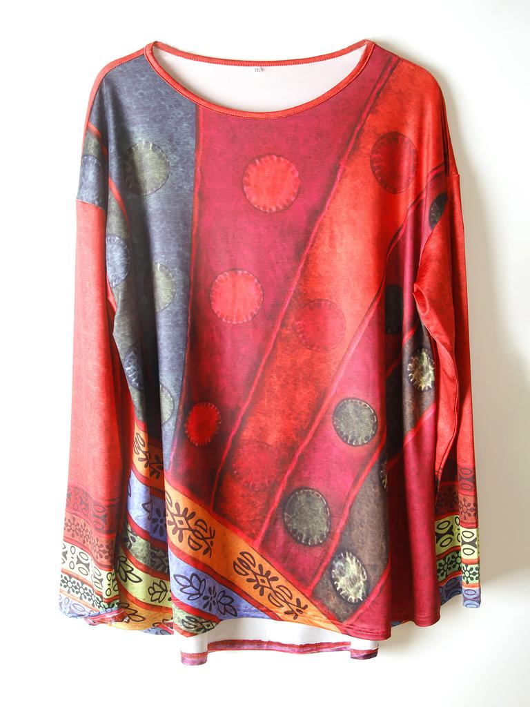 Plus Size Bohemian Style Colorful Patchwork Oversized T-Shirt for Women Ideal for Casual Wear