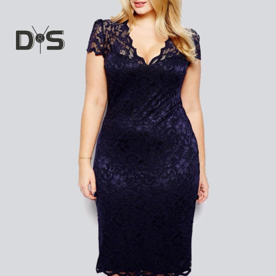 Summer Women See Through Lace Patchwork Mini Dress V Neck Short Sleeve Slim Fit Plus Size Party Dress Female Clothing