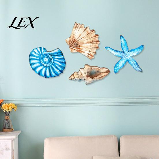 Rustic Wooden Wall Art 4Pcs/Set Shell Starfish Decor, Seashell And Conch Art, Nautical Hanging Ornaments Coastal Signs for Beach House Home
