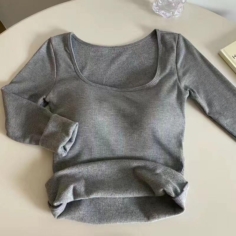 Теплая шерстяная утолщенная футболка с квадратным воротником и длинными рукавами на ключице, женская, новая осенне-зимняя, утягивающая внутри, с базовым верхом