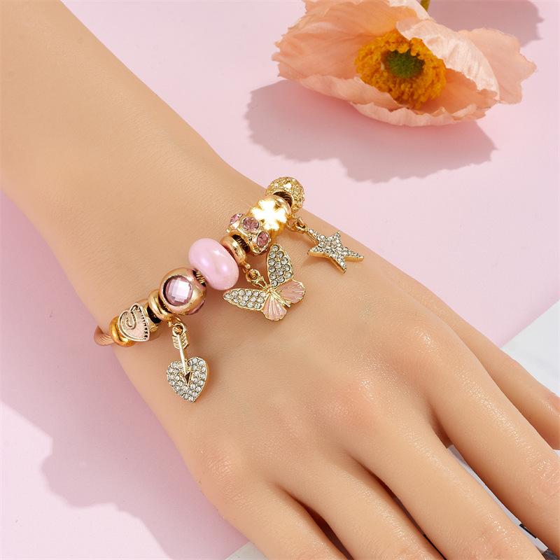 Браслет-бангл из нержавеющей стали с тематикой Ветра, Алмазным Сердцем и бусинами, с подвесками-бабочками и звездами, для девочек