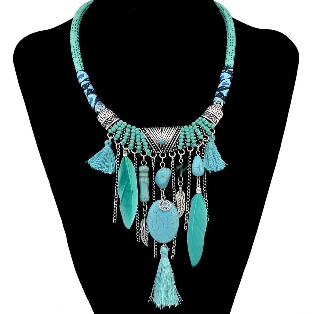 Ethnic Vintage Boho Tassel Necklaces for Women Feather Beads Necklace Bohemian Party Jewelry Gift AVE