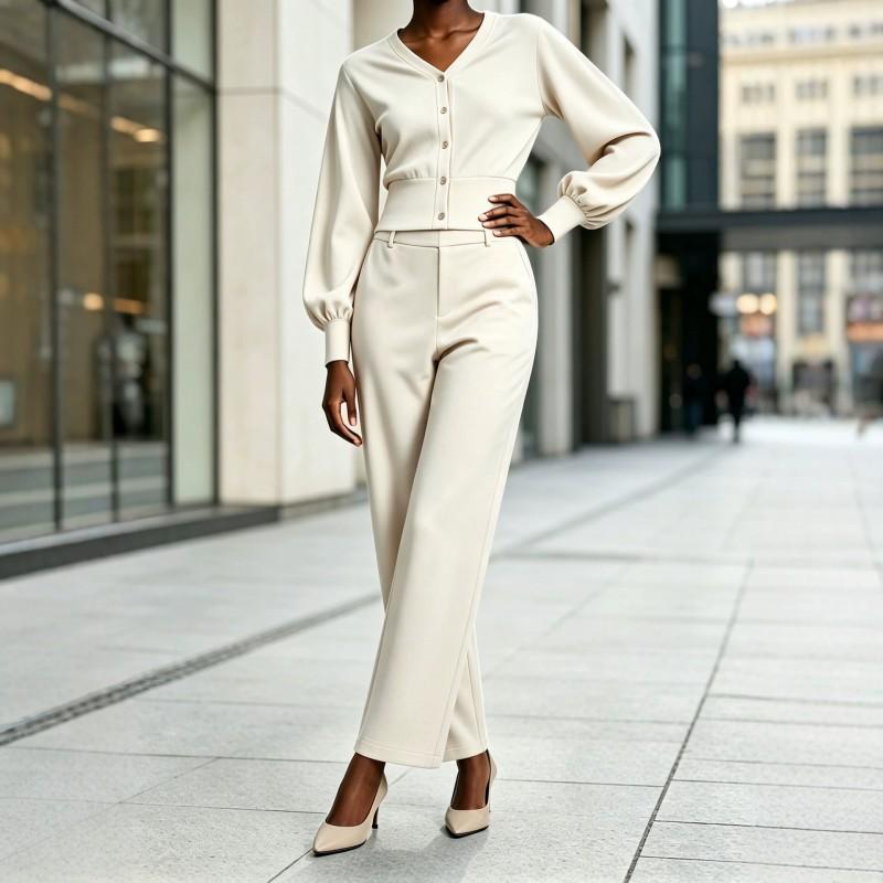 Womens 2-Piece Suit Set V-Neck Long Sleeve Blazer Straight Leg Pants Office Party