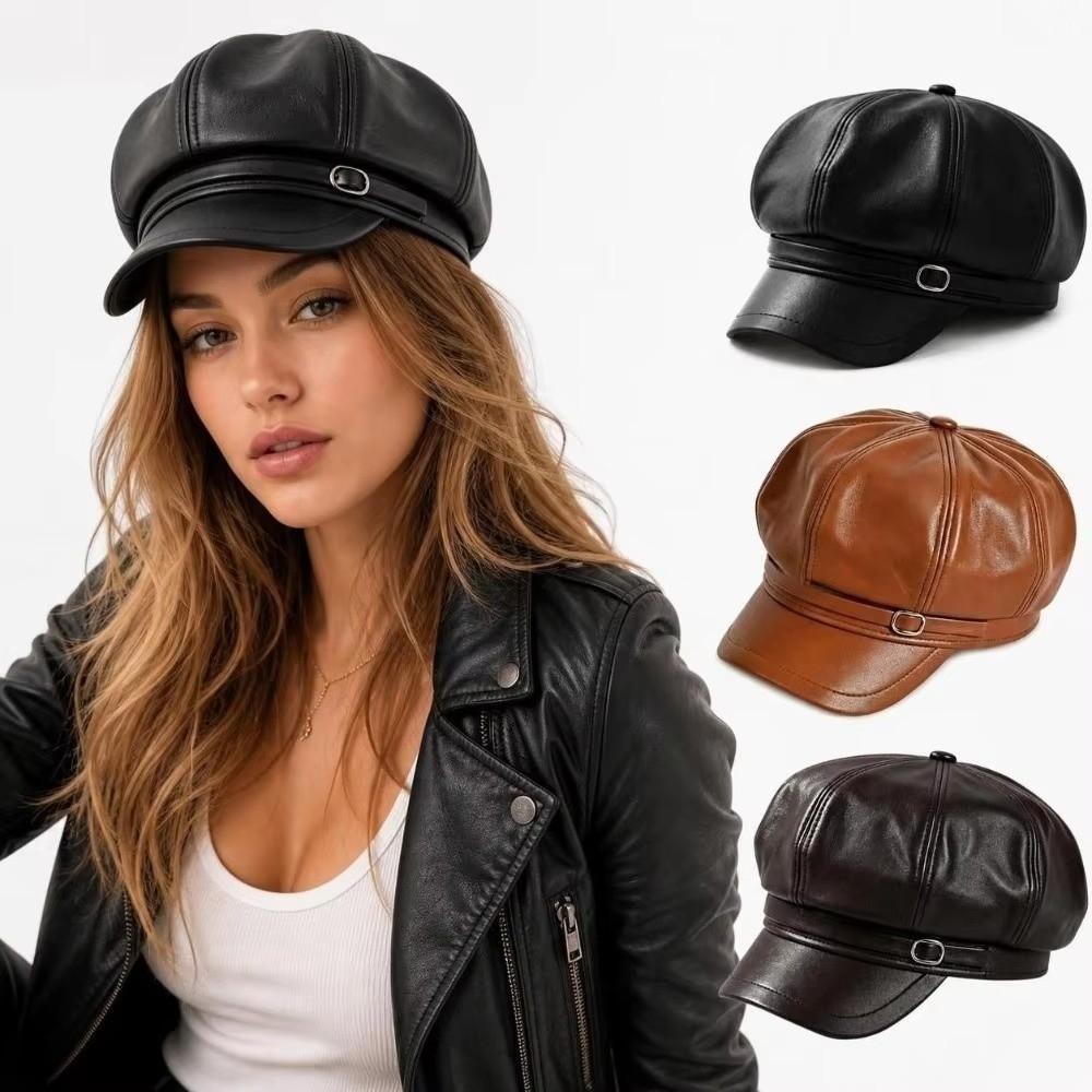 Versatile PU Beret Cap Solid Color Octagonal hat Casual Leather Painter Hat Woman