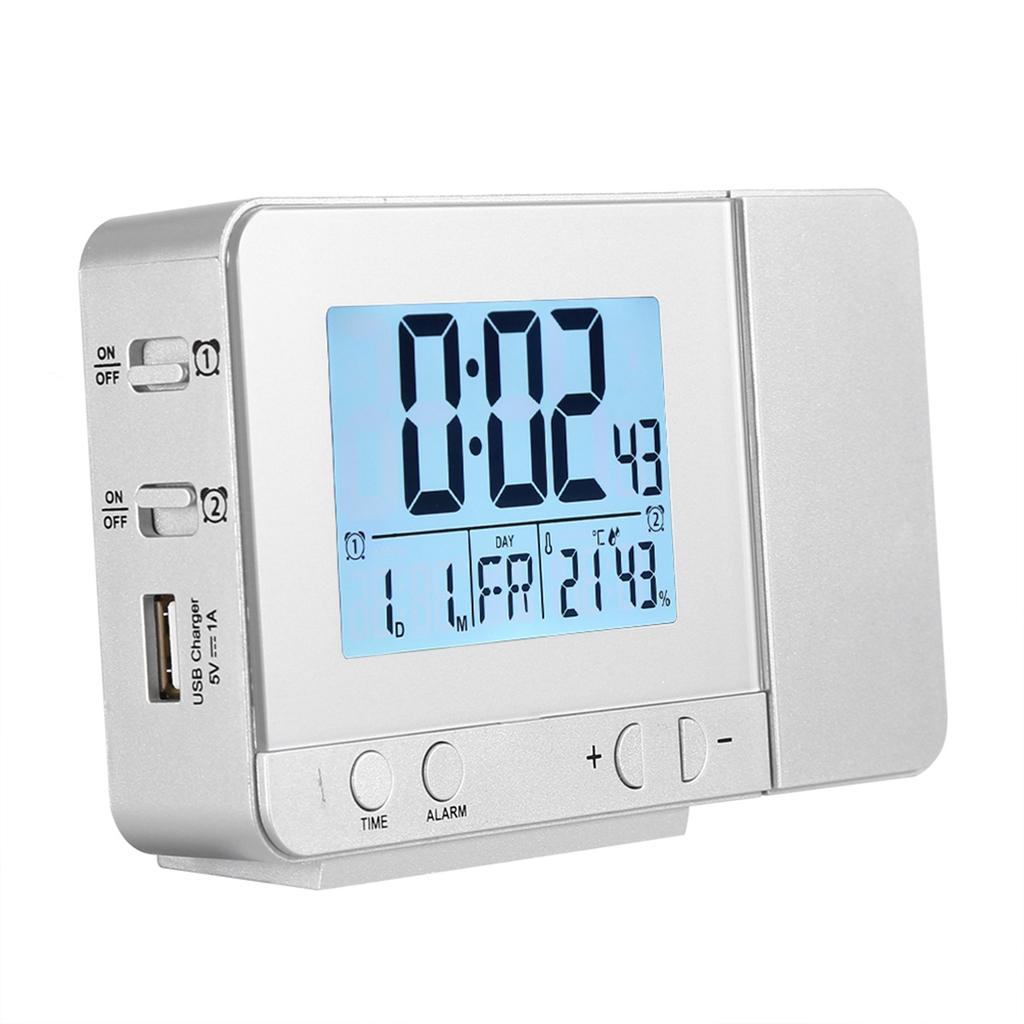 LED Multifunction Projection Digital Alarm Clock Temperature USB (Silver)