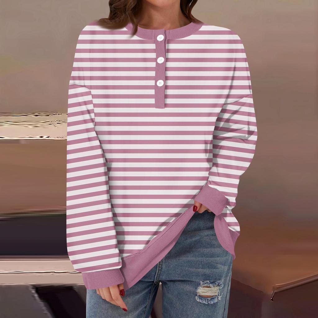 Женская повседневная мода удобная полосатая футболка с длинным рукавом и круглым вырезом на пуговицах, свободный подол с боковыми разрезами