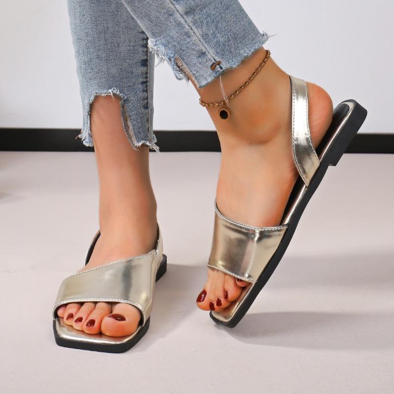 Fashion Summer Women Black Fashion Leisure Luxury Style Square Open The Toe Flats Shallow Mouth Sandal New Arrival Genuine Shoes