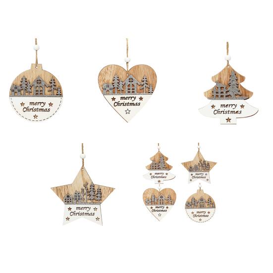 1/4Pcs Wooden Merry Christmas Ornament Farmhouse Rustic Xmas Tree Hanging Double Layer Splicing Love Heart Star Round Shape Holiday Decoration