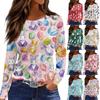Women's Fashion Casual Slit Hem Round Neck Long Sleeve Loose Printed T-Shirt Ladies Top
