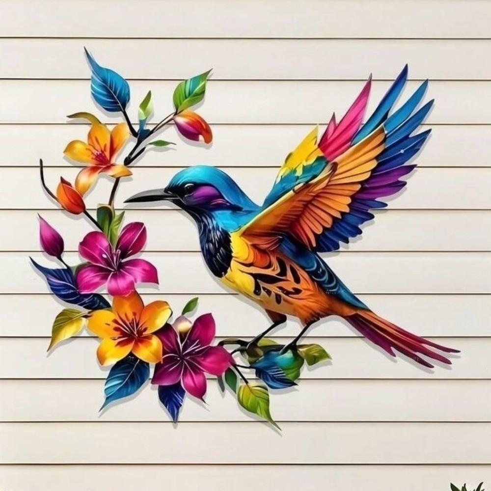Hand Painted Iron Art Bird Wall Hanging Colorful Flower Colorful Birds Sculpture Balcony Patio