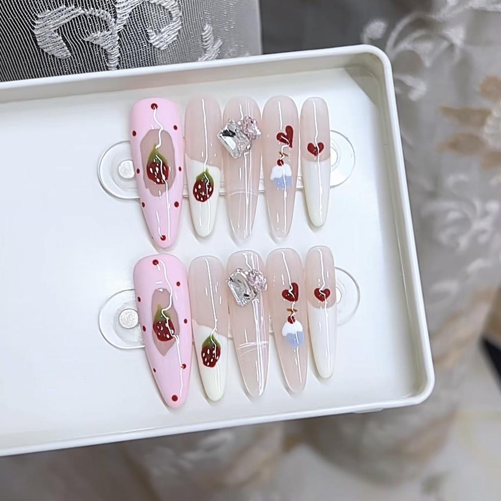 Ручная работа Фототерапия Носимые наклейки Маникюр Чистый Французский Клубничный Джем Длинные Тонкие Кошачьи Глаза