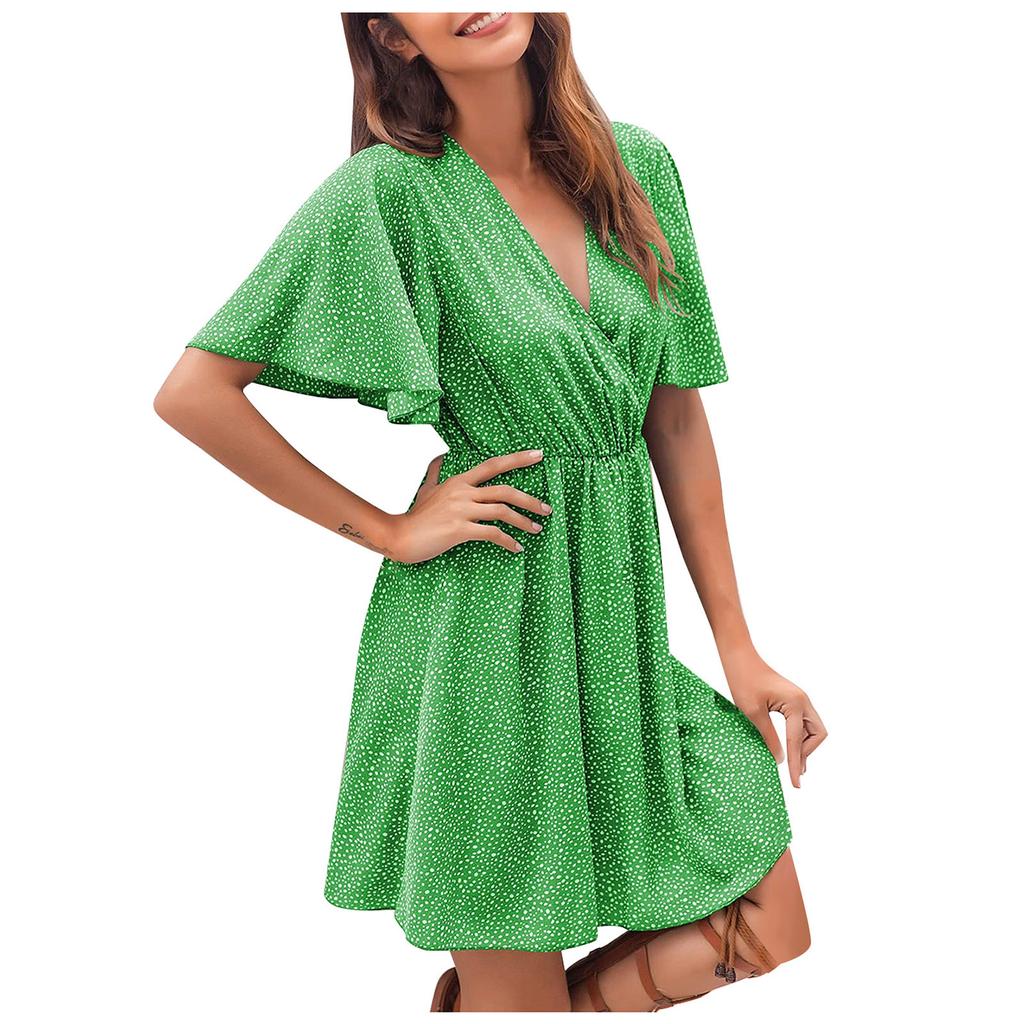 Женское летнее мини-платье трапециевидной формы с рюшами и короткими рукавами и V-образным вырезом 2022 года
