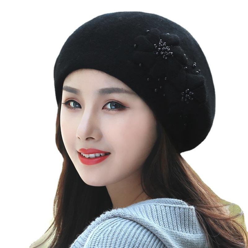 Autumn Winter Hats Korean Fashion Knit Thick Warm Rabbit Hair Hat Women's Knitted Hat Pearl Beret Caps