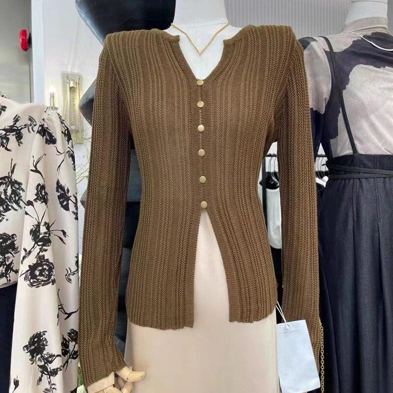 Пуловер с разделенными пуговицами, облегающий однотонный свитер с длинными рукавами, женский свитер, осень 2023, корейские модные вязаные топы с v-образным вырезом 29198