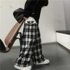 Women's Elastic Waist Plaid Wide Leg Pants Loose Fit Casual High Waist Trousers