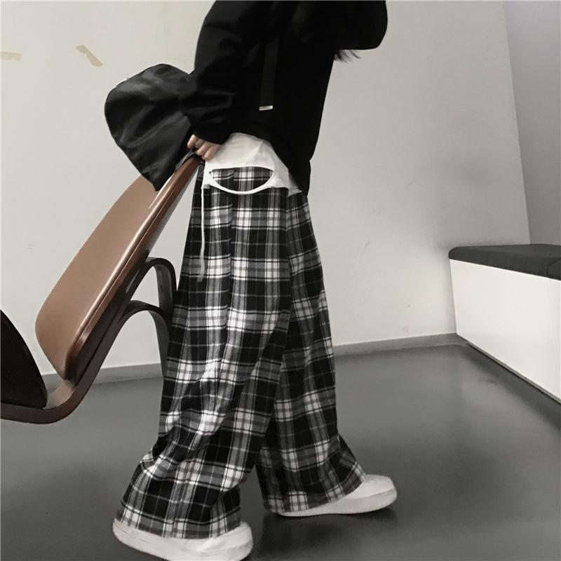 Women's Elastic Waist Plaid Wide Leg Pants Loose Fit Casual High Waist Trousers
