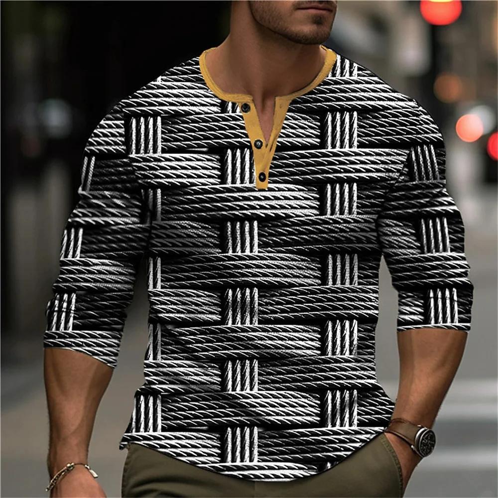 Осенняя рубашка-henley с блоками цвета и пэчворком, 3D-печать, мужская мода, винтажная, на пуговицах, с длинным рукавом, мужские футболки, топы, одежда