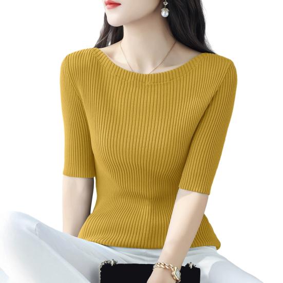 Женские топы Slim Fit, однотонные, ребристые, с круглым вырезом и коротким рукавом, эластичные, с короткими рукавами, топы для повседневной носки