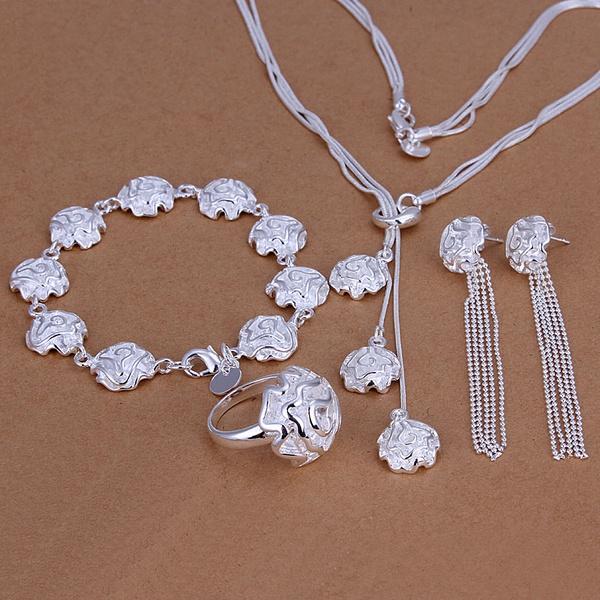 Wedding Jewelry Noble Charm Female Rose Necklace Bracelets Ring Drop Earrings Fashion Silver Color Jewelry Sets S241