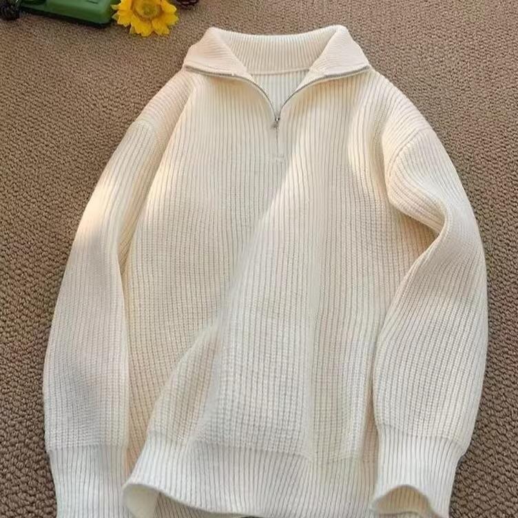 Свободный однотонный вязаный свитер Женский Мужской Весна Осень Воротник-стойка Половина молнии Пуловеры Модный тренд Универсальный трикотаж