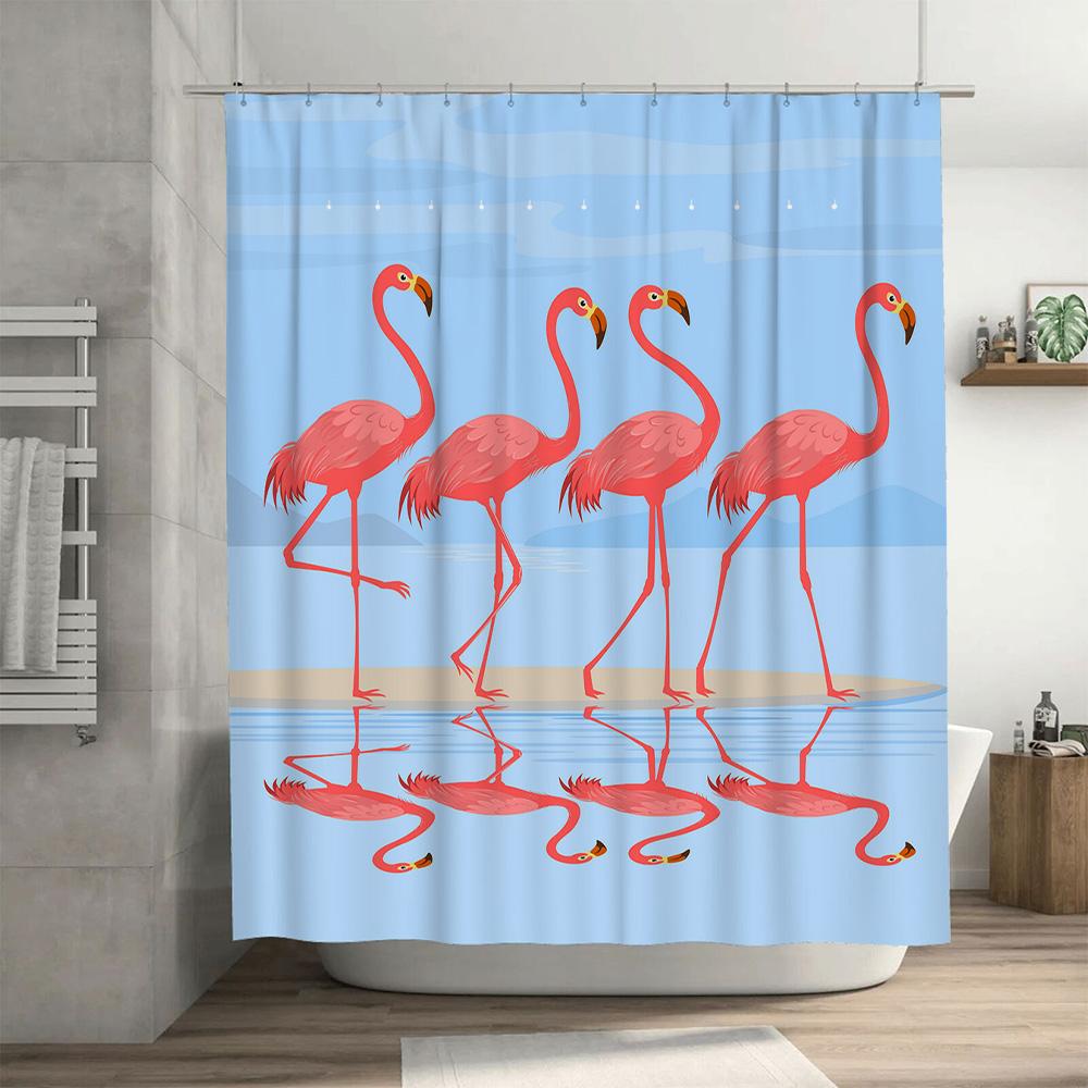 Современный декор ванной комнаты: Лавандовая шторка для душа с яркими розовыми фламинго на светло-голубом фоне. Идеально подходит для добавления П