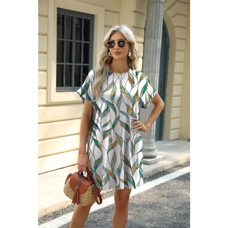 YYFS Женская мода лето весна цветочный узор принт короткий рукав О-образный вырез свободная талия повседневные платья