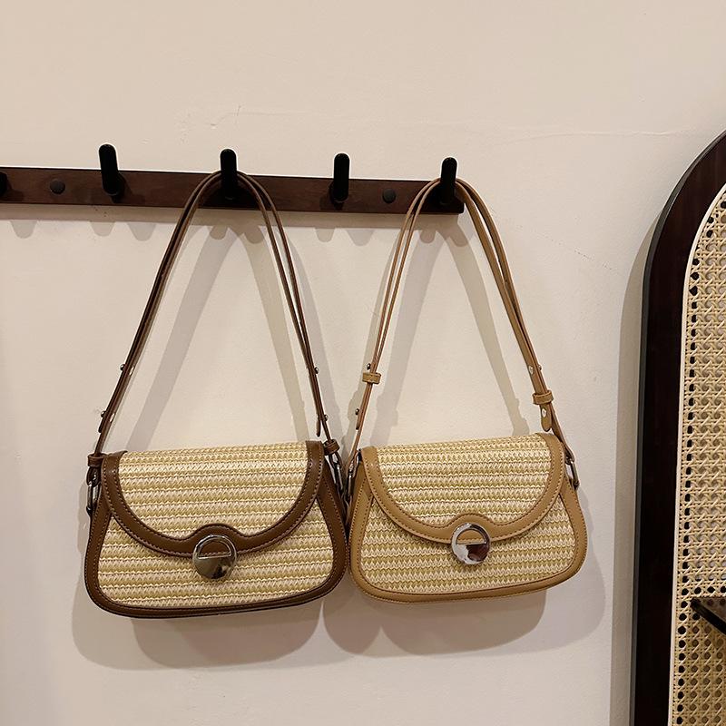 Summer Straw Bag Women's New Trendy Woven Saddle Bag Simple Style Versatile Shoulder Crossbody Beach Bag KTB