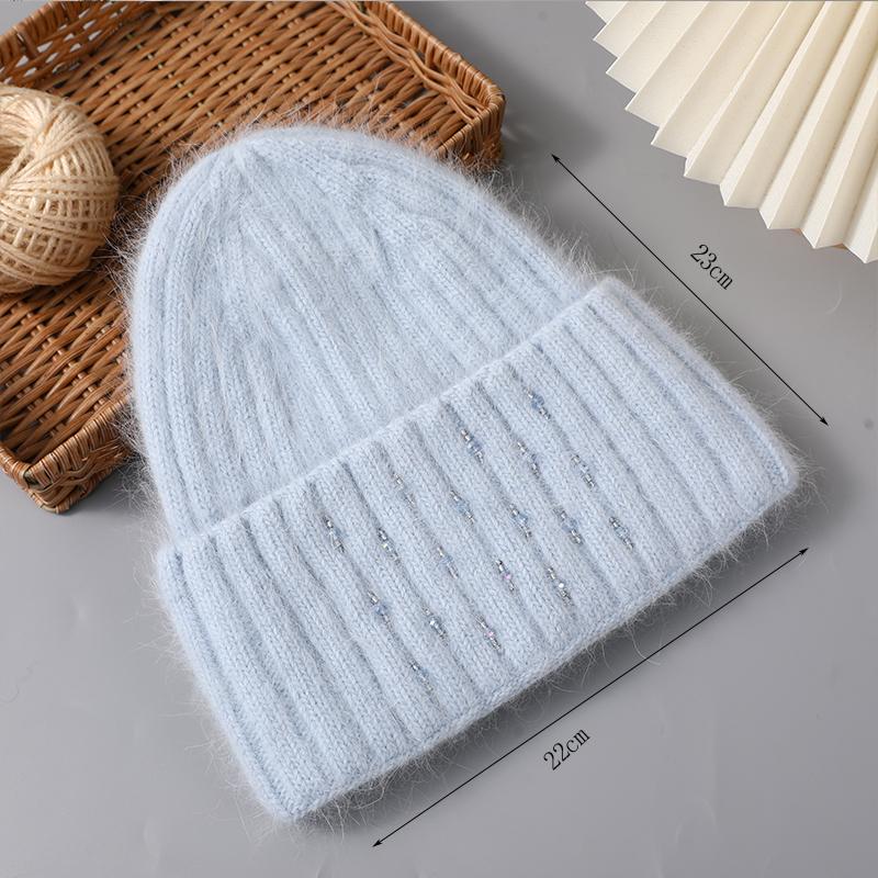 Winter Hat For Women Warm Knitted Angora Rabbit Fur Beanies Fashion With Bead Hats Female High Quality Casual Luxury Cap