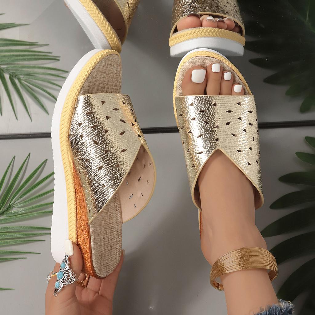 Швейная строчка рыбий рот танкетка классные тапочки полый танкетка каблук женские тапочки большого размера размер 43