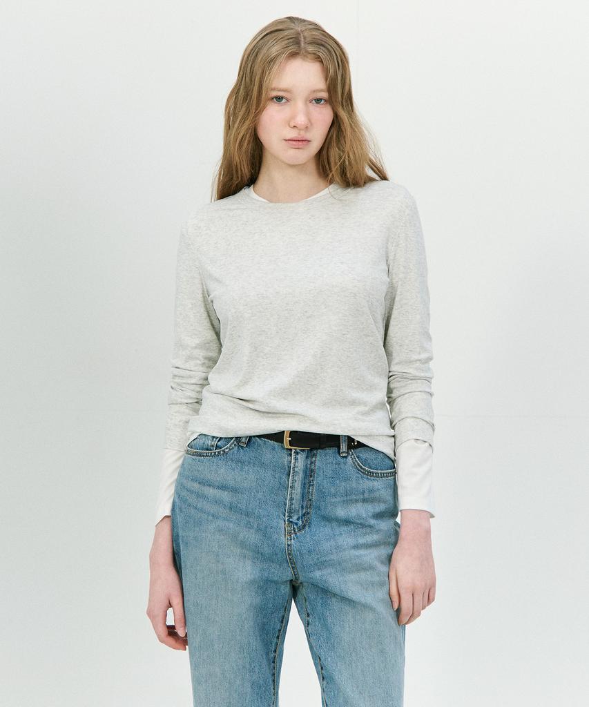 BASIC HOUSE Women'S Regular Fit Crew Neck Long Sleeve Tee Light Grey Lzts3215