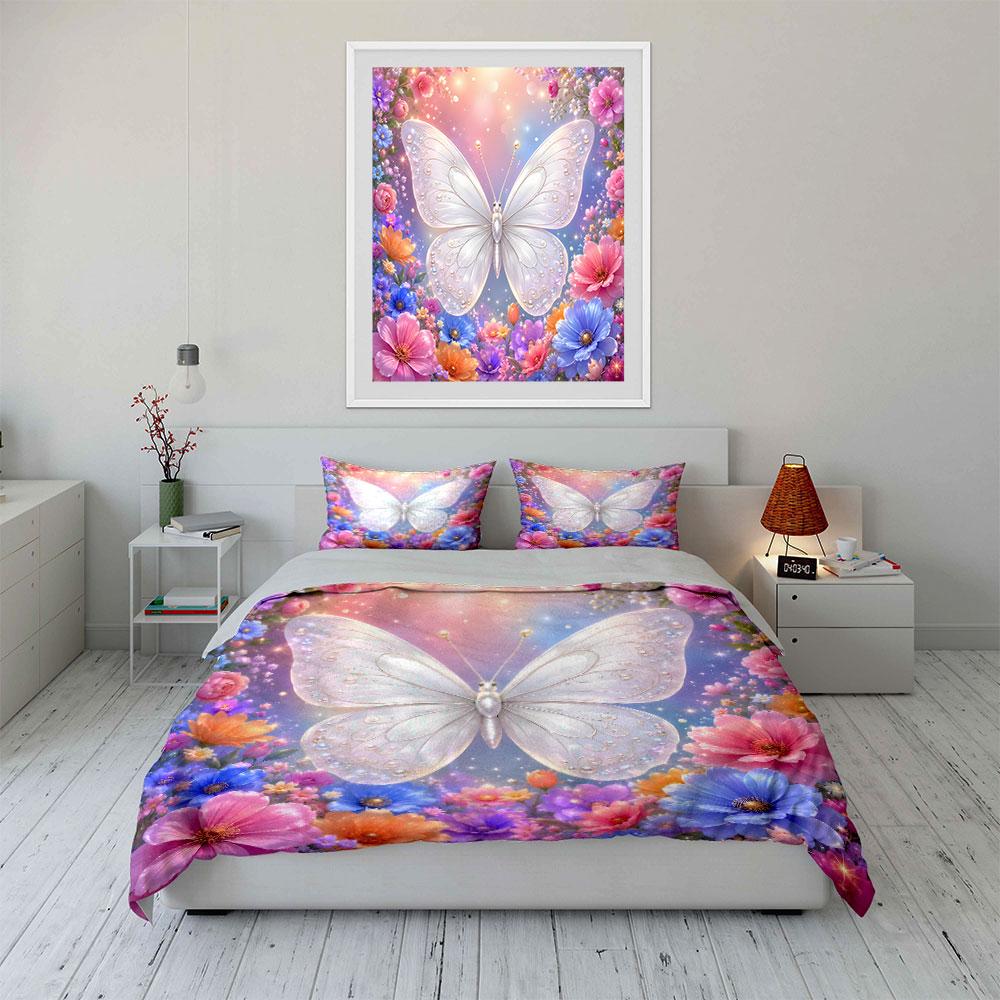 Ethereal white butterfly colorful flowers Print Bedding Set 1 Duvet Cover 2 Pillowcases for Adult Children Luxury Gift Full Size