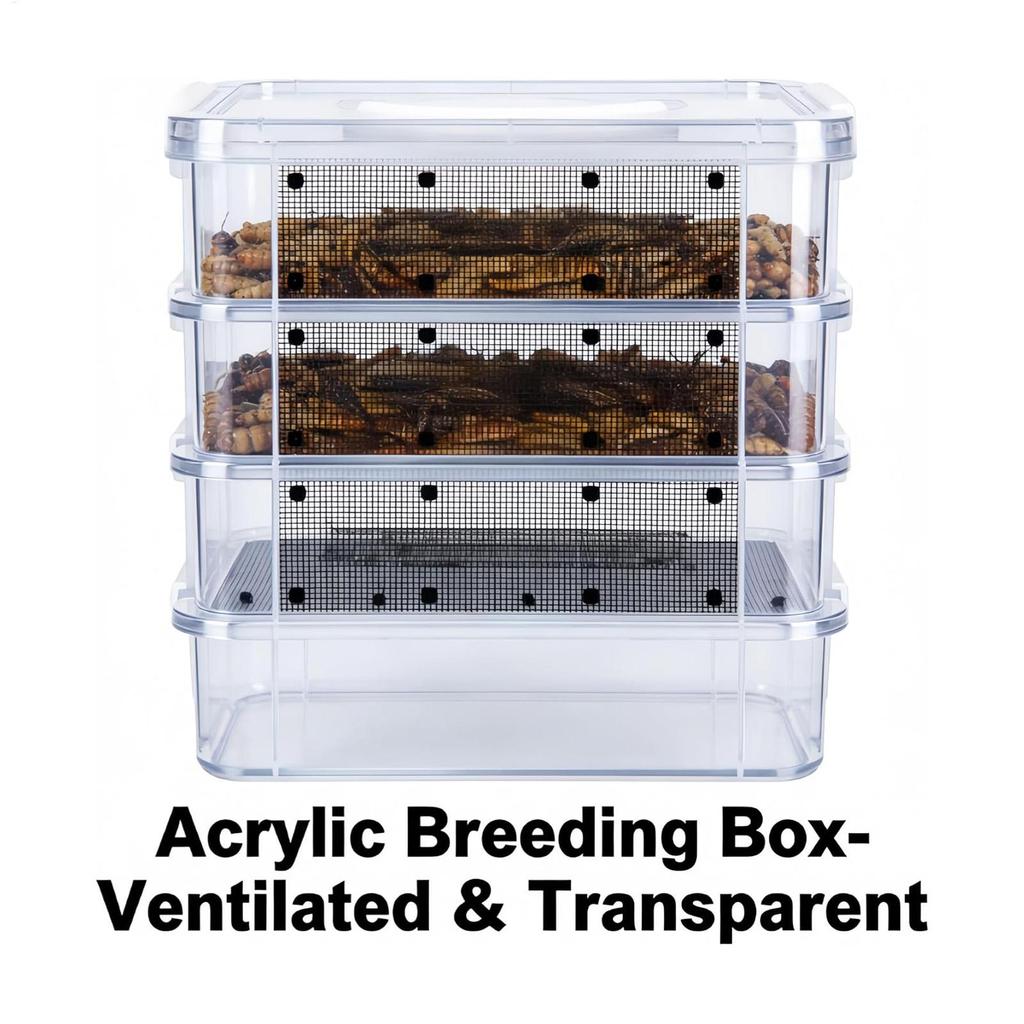 Mealworm Feeding Box 4-Layer Clear Mesh Breeding Habitat Kit Mealworm Farm Bin With Handle For Sugar Glider Reptile Spider Bird