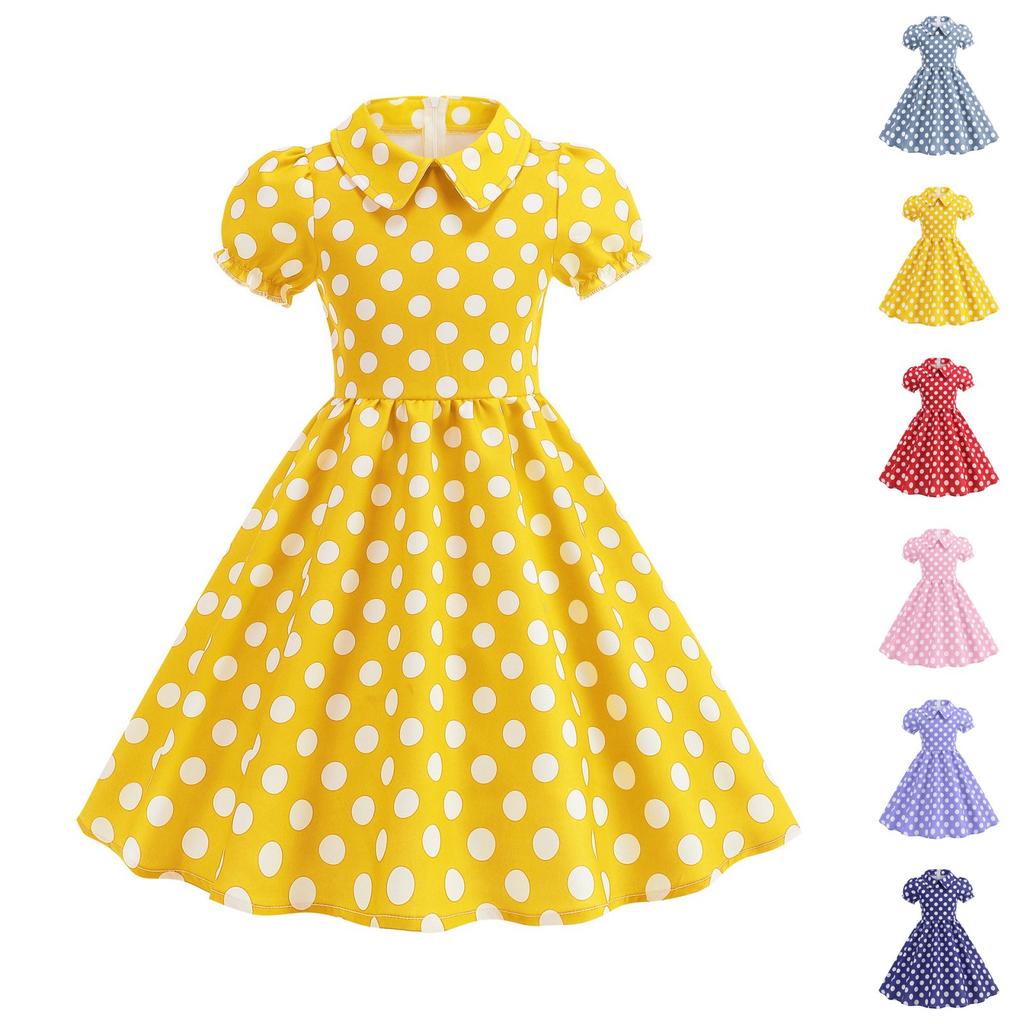 Fashion Children's Short-sleeved Polka Dot Dress With Baby Collar
