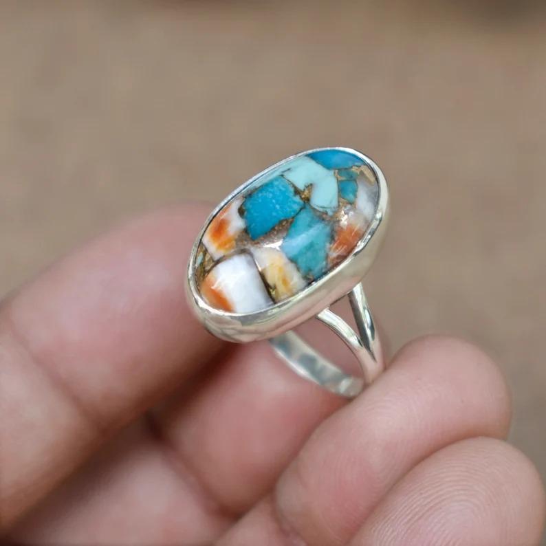 Oyster Copper Turquoise Oval Gemstone Ring, Solid 925 Sterling Silver Ring, Bezel Ring, Handmade Jewelry, Ring For Women