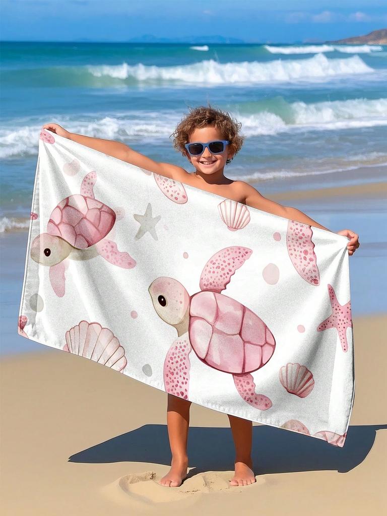 Minimalist ocean lifestyle printed beach towel-soft microfiber, quick drying, oversized fit beach towel, pink turtle beach towel