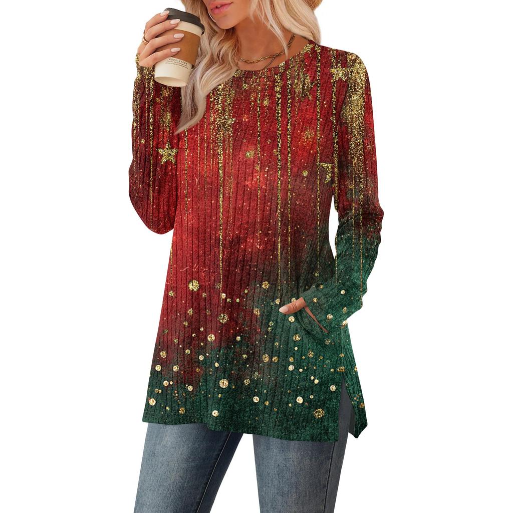 Women's Christmas Printed Round-neck Long-sleeved Top With Pockets And Side Slits