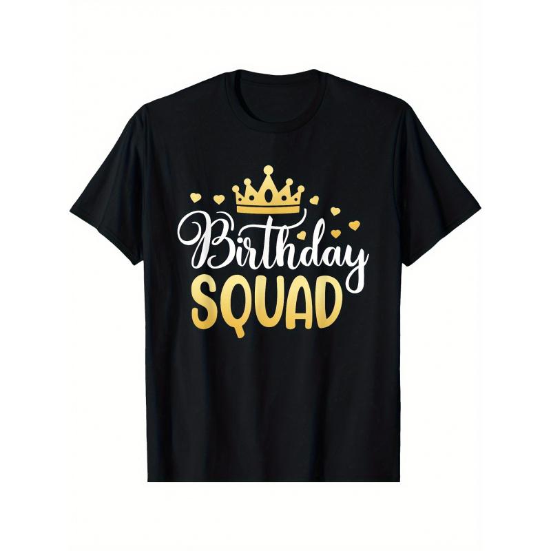 Футболка с блестящим текстом "Birthday Squad" и короной - Мягкая дышащая футболка с круглым вырезом, подходит для дней рождений, групповых нарядов, командных мероприятий - Свободный повседневный крой