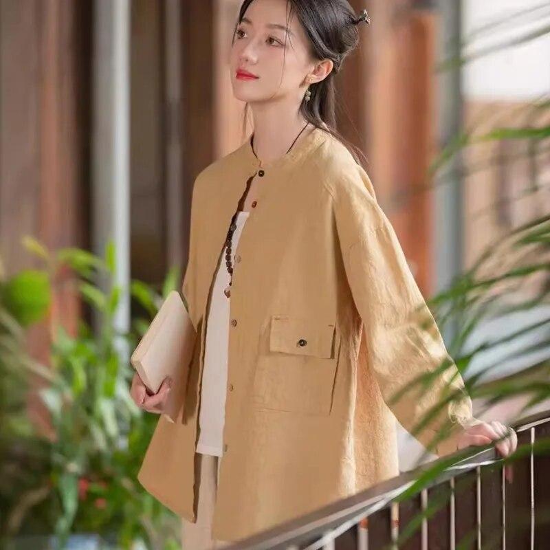 Johnature Женские винтажные рубашки, топы с длинным рукавом, весенние блузки на пуговицах, лоскутные карманы, однотонные рубашки