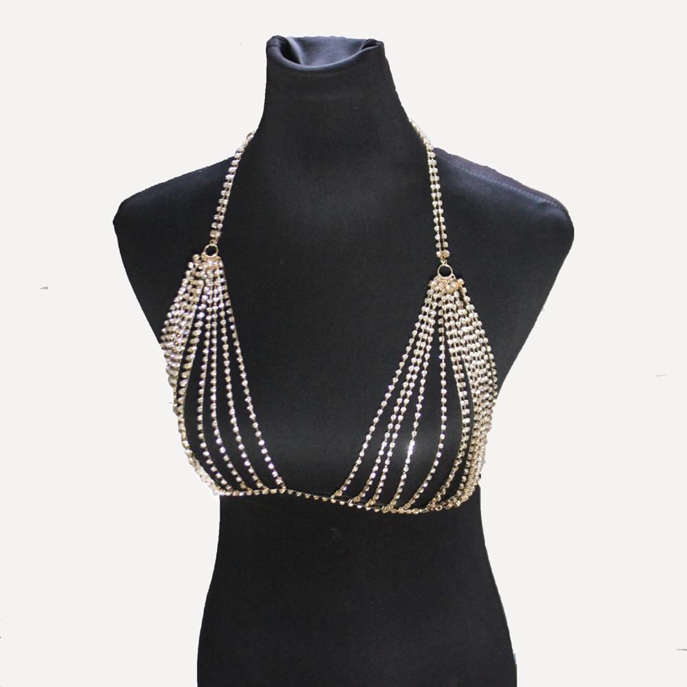 Women Fashion Rhinestone Shining Alloy Bra Chest Chain Sexy Body Chain Gold