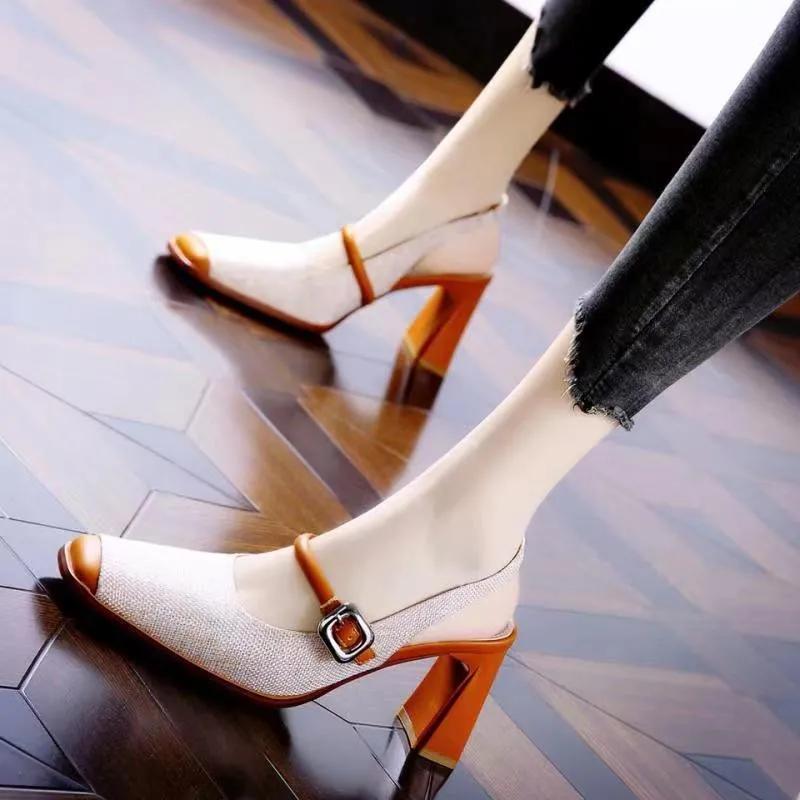 2024 Retro Style Women Pumps Chunky High Heels Square Toe Spring Summer Sandals SShallow Buckle Strap Ladies Shoes