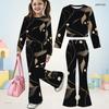 Girls Black Floral Printed Round Neck Long Sleeve Top And Flared Pants Two Piece Set