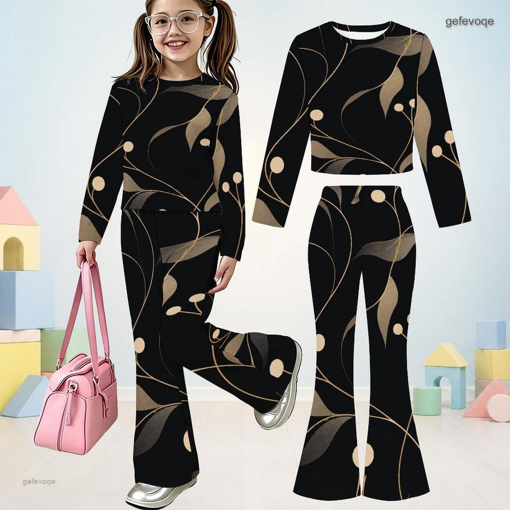 Girls Black Floral Printed Round Neck Long Sleeve Top And Flared Pants Two Piece Set