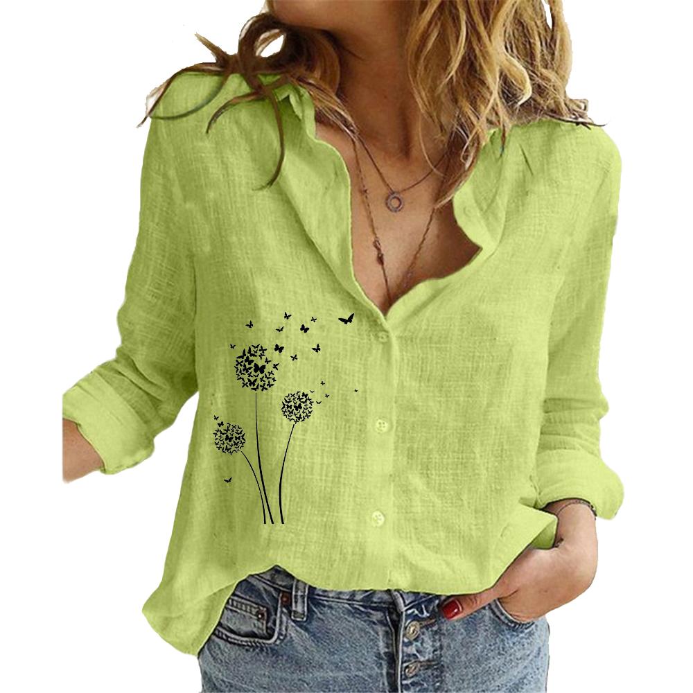 Women Fashion Cotton Linen Shirt Floral Print Long Sleeve Top Ladies Casual Stand-neck Buttoned Blouse