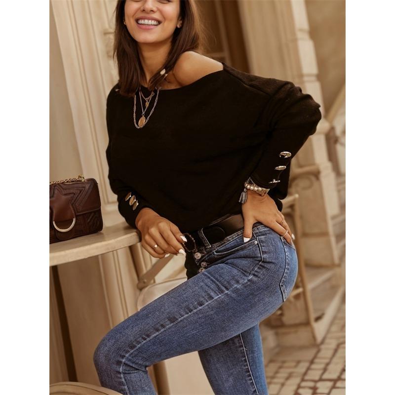 Women's Autumn and Winter New Bottoming Shirt One-line Collar Button T-shirt