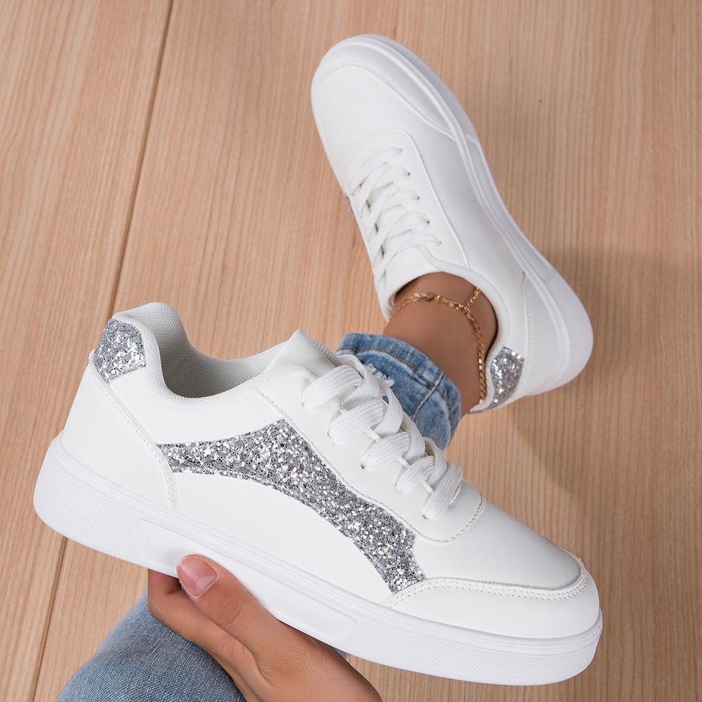 MCTIN White Shoes Women's PU Leather Sports Shoes Flats Black Sequined Sneakers Plus Size 35-42