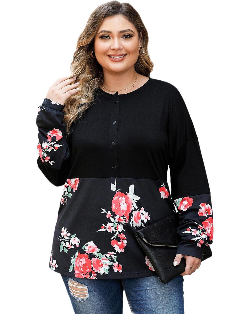 Azura Exchange Black Plus Size Floral Printed Splicing Half Button Top